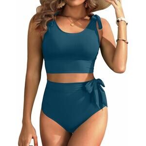 New Small High Waisted, Tummy Control Bikini with Bow Tie Details in Teal